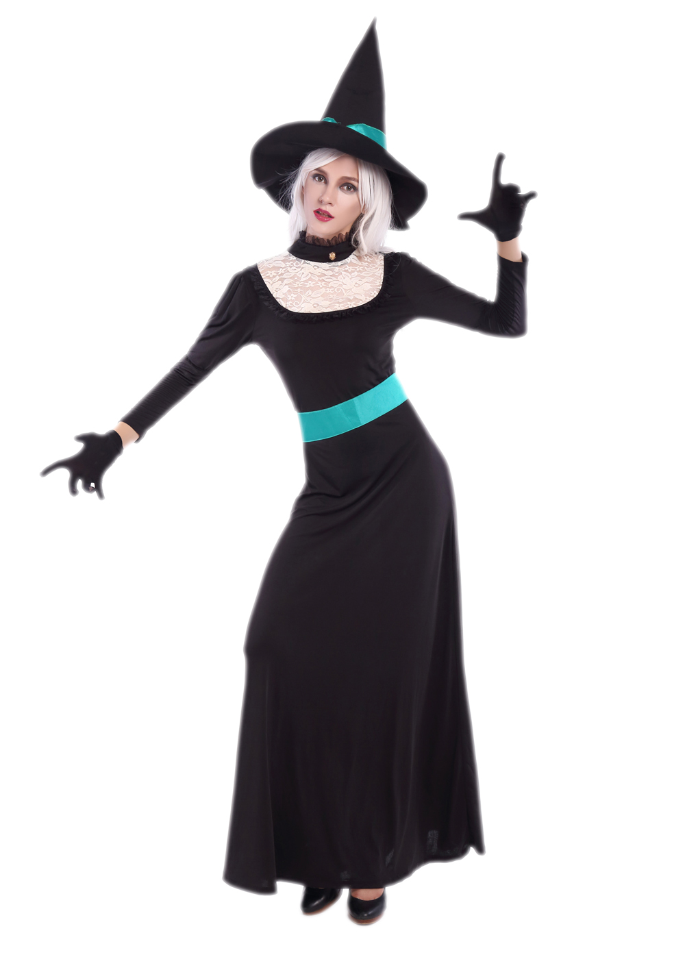 F1682 halloween witch long gown costume,it comes with hat,dress,gloves,belt